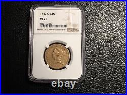 10.00 Liberty Gold Coin 1847-O NGC 25 Very Fine Nice Original Early Date