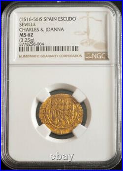 1555, Charles & Joanna of Spain. Scarce Gold Escudo Coin. Seville! NGC MS-62