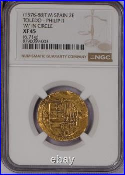 1578-88-T M Spain Gold 6.71 grams 2 Escudos M in Circle NGC XF45