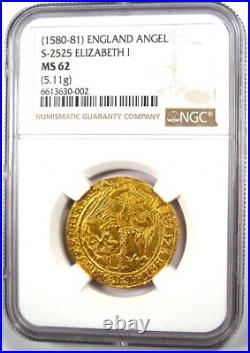 1580-81 England Britain Gold Elizabeth I Angel Coin. NGC MS62 (BU UNC) Top Pop