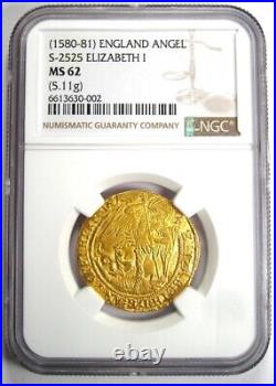 1580-81 England Britain Gold Elizabeth I Angel Coin. NGC MS62 (BU UNC) Top Pop