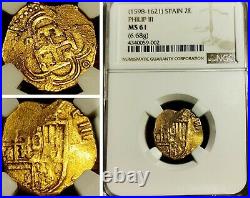 1598-1621 Spain 2 Escudos Gold King Philip III Seville Mint NGC MS 61