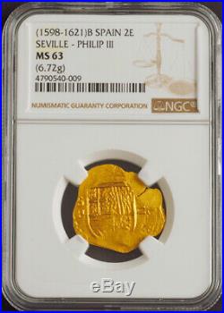 1621, Spain, Philip III. Beautiful Gold 2 Escudos Cob Coin. Assayer B! NGC MS63