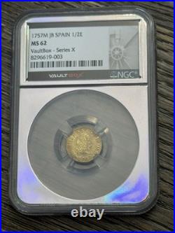 1757-M (JB) Spain 1/2, Gold Coin NGC MS62, Halo, Vault Box, Series X