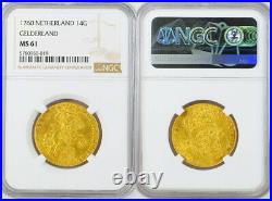 1760, Netherlands, Gelderland. Gold 14 Gulden Golden Rider Coin. NGC MS-61