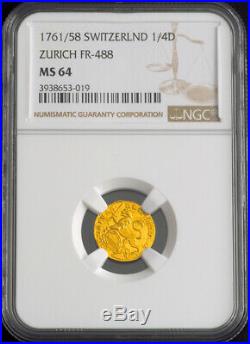 1761/58, Switzerland, Zurich (Canton). Rare Gold 1/4 Ducat Coin. NGC MS-64