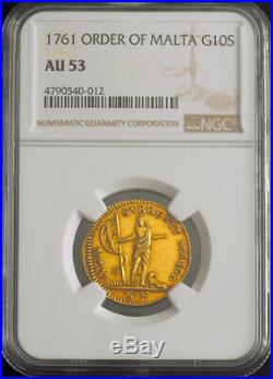 1761, Knights of Malta, Emmanuel Pinto. Gold 10 Scudi St. John Coin. NGC AU53