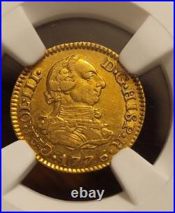 1776M PJ Spain 1/2 Escudo Gold Coin NGC AU Details, Revolution era KEY DATE