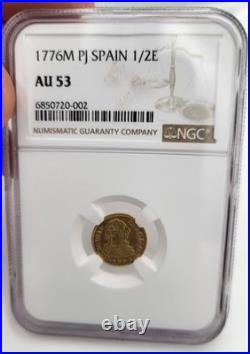1776M PJ Spain 1/2 Escudo Gold Coin NGC AU Details, Revolution era KEY DATE