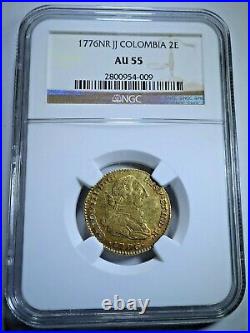 1776 Spanish Gold 2 Escudo Doubloon NGC AU-55 Antique 1700s Pirate Treasure Coin