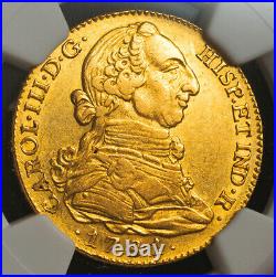 1781/79, Spain, Charles III. Large Gold 4 Escudos Coin. Overdate! NGC AU-55