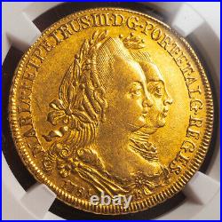1784, Brazil, Maria I the Mad & Peter III. Gold 6400 Reis Coin. NGC AU-55