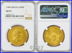 1784, Brazil, Maria I the Mad & Peter III. Gold 6400 Reis Coin. NGC AU-55