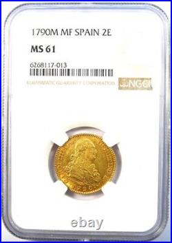 1790 Spain Charles IV 2 Escudos Gold Coin 2E Certified NGC MS61 (BU UNC)