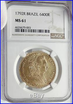 1791 BRAZIL Queen MARIA I Antique GOLD 6400 Reis Brazilian Coin NGC MS i70401