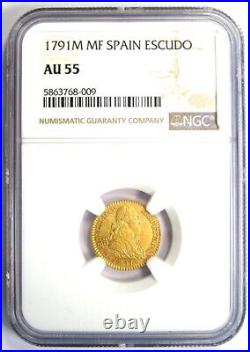 1791 Spain Charles IV Escudo Gold Coin 1E Certified NGC AU55 Rare Gold Coin