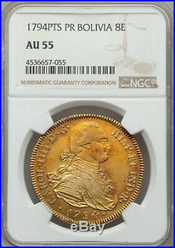 1794 PTS PR Bolivia Charles IV Gold 8 Escudos Coin, NGC AU-55, Toned Gold