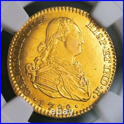 1798, Spain, Charles IV. Spanish Gold 2 Escudos Coin. (6.77gm) NGC AU-53