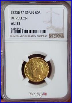 1823B SP Spain 80 Reales De Vellon FERDINAND VII NGC AU55 6.77 Grams Gold Coin