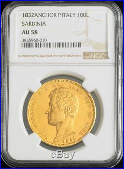 1832, Kingdom of Sardinia, Charles Albert. Large Gold 100 Lire Coin. NGC AU-58