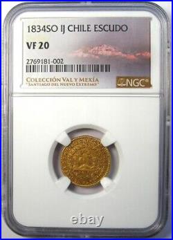 1834 Chile Gold Republic Escudo 1E Sun Coin Certified NGC VF20 (Very Fine)