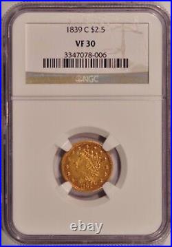 1839-C $2.50 Classic Head Gold Coin NGC VF30 Charlotte Mint Pre-1933