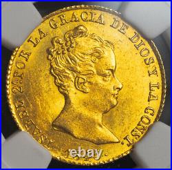 1845, Spain, Queen Isabel II. Rare Gold 80 Reales Coin. Unlisted Date! NGC MS63