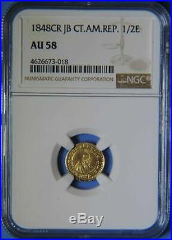 1848 CR JB Central American Republic 1/2 Escudo Gold Coin NGC Graded AU58
