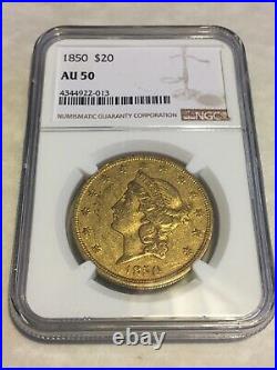 1850 AU50 NGC Liberty Double Eagle $20 Gold Coin good strike (no PCGS)