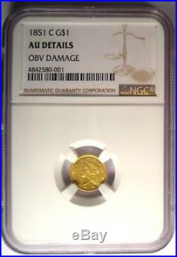 1851-C Liberty Gold Dollar G$1 NGC AU Details Rare Charlotte Coin Near MS