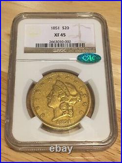 1851 NGC XF45 CAC Liberty Double Eagle $20 Gold Coin very nice details not PCGS