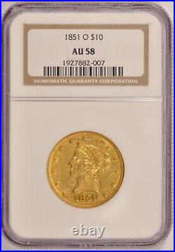 1851-O $10 Gold Liberty Eagle Coin NGC AU58 New Orleans Minted Pre-1933 Gold