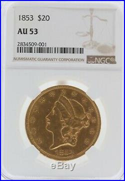 1853 $20 20 Dollar Gold Liberty Double Eagle Coin AU 53 NGC