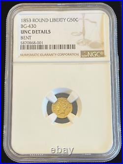 1853 50C $1/2 Liberty California CAL GOLD NGC Uncirculated Unc Details BG-430
