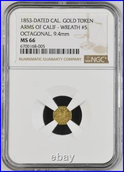 1853 California Fractional Gold, Arms of Calif #5 / NGC MS66 GEM BU / HR6 1853 California Fractional Gold, Arms of Calif #5 / NGC MS66 GEM BU / HR6