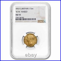 1853 Great Britain Gold Sov. Victoria Shield AU-55 NGC WW Raised SKU#255852
