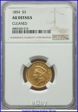 1854 $3 NGC AU Details This is a RARE and Attractive coin! Free Shipping