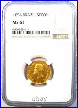 1854 Brazil Gold Pedro II 5,000 Reis Coin 5000R Certified NGC MS61 (BU UNC)