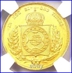 1854 Brazil Gold Pedro II 5,000 Reis Coin 5000R Certified NGC MS61 (BU UNC)