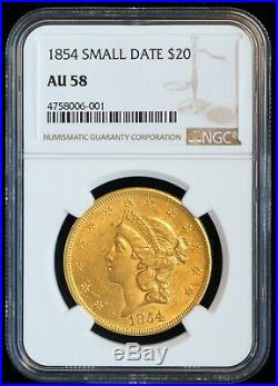 1854 SMALL DATE $20 Liberty Head Double Eagle Gold Coin (NGC AU 58 AU58)