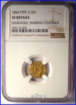 1854 Type 2 Indian Gold Dollar (G$1 Coin) Certified NGC VF Details Rare