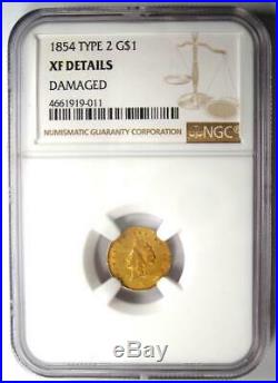 1854 Type 2 Indian Gold Dollar (G$1 Coin) NGC XF Details Rare Type Two
