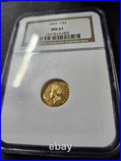 1855 $1.00 Indian Princess Head Gold Coin NGC MS61