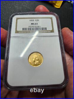 1855 $1.00 Indian Princess Head Gold Coin NGC MS61