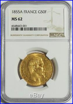 1855-A France Gold 50 Franc Coin - NGC MS62 (#10017)