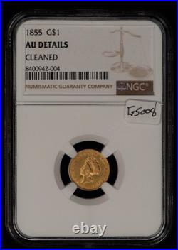 1855 G$1 Indian Princess Gold Dollar Tough Variety Type 2 NGC AU Dets- G5008 1855 G$1 Indian Princess Gold Dollar Tough Variety Type 2 NGC AU Dets- G5008