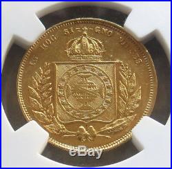 1855 Gold Brazil 5,000 Reis Pedro II Coin Ngc About Uncirculated 55
