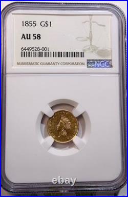 1855 Scace Gold One Dollar G$1 NGC AU 58 -Terrific Short-run Coin With Class