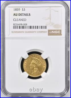 1859 $3 INDIAN PRINCESS Gold Coin, RARE DATE, NGC certified, FS