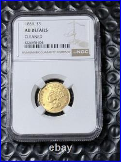 1859 $3 INDIAN PRINCESS Gold Coin, RARE DATE, NGC certified, FS